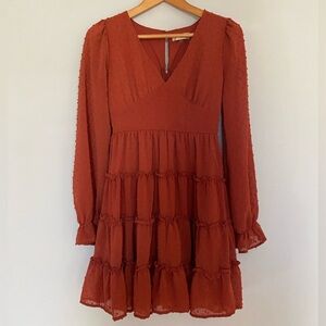 Altar’d State Terracotta Swiss Dot Long Sleeve V Neck Dress Size Small